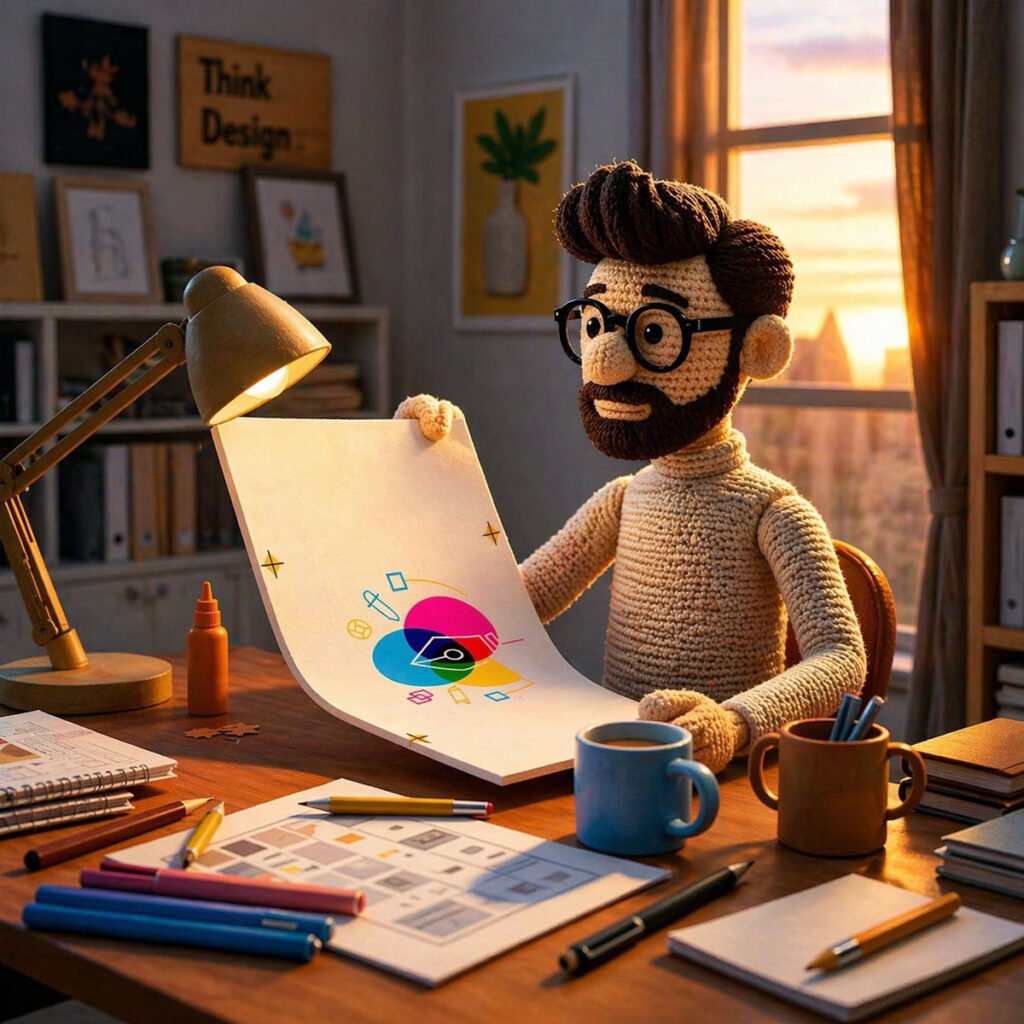 Servicio de diseño de logos e identidad visual con personaje amigurumi trabajando en propuesta gráfica.