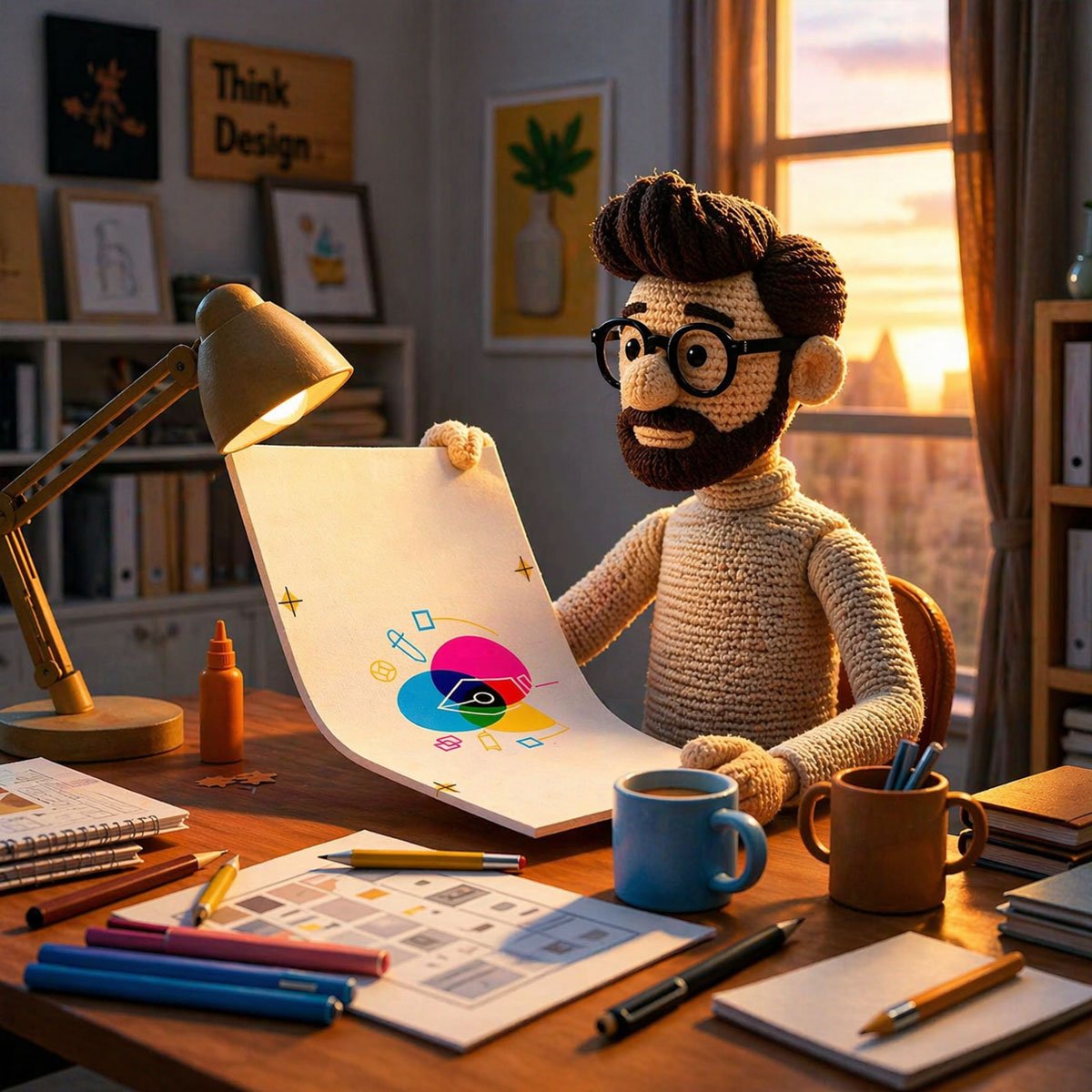 Diseño de logos Profesionales Vudú Publicidad Servicio de diseño de logos e identidad visual con personaje amigurumi trabajando en propuesta gráfica.