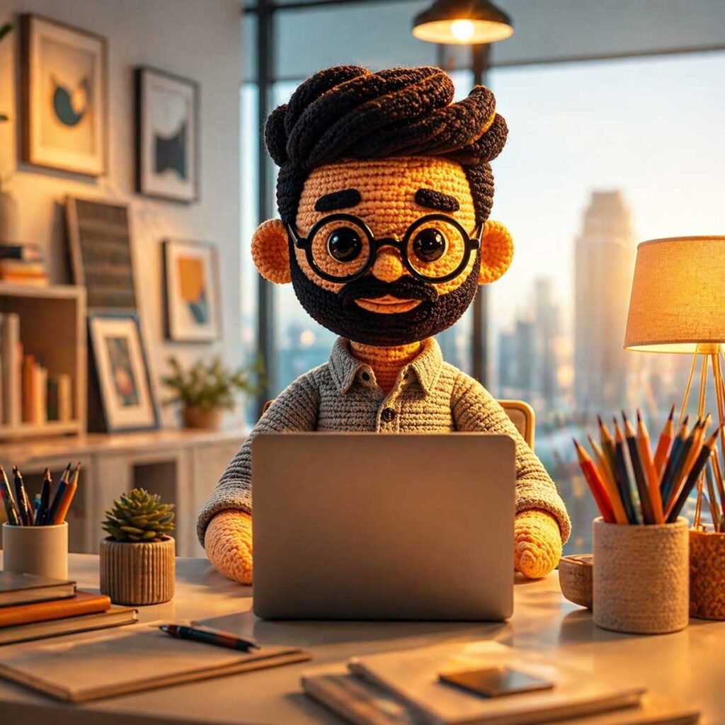 Servicio de diseño gráfico con personaje amigurumi trabajando en computadora en estudio creativo