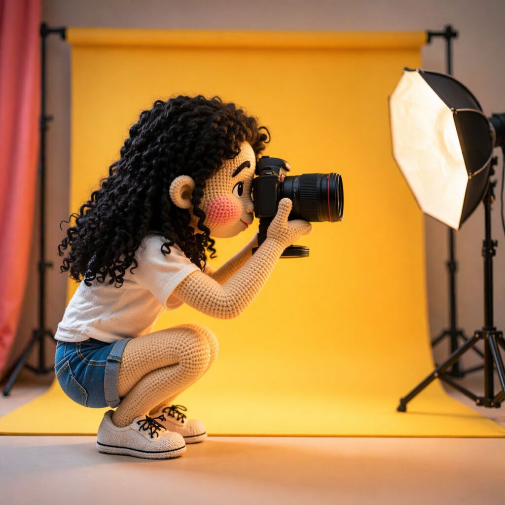 Servicio de fotografía publicitaria y creación de contenido visual con personaje amigurumi en estudio fotográfico, fotografía de producto.
