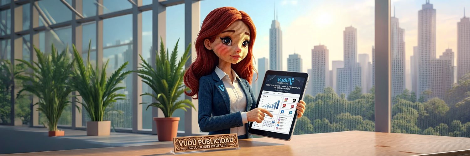 Muñeca estilo amigurumi de Vudú Publicidad sosteniendo una tablet con servicios de manejo de redes sociales y marketing digital profesional.