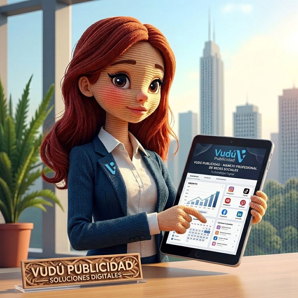 Muñeca estilo amigurumi de Vudú Publicidad sosteniendo una tablet con servicios de manejo de redes sociales y marketing digital profesional.