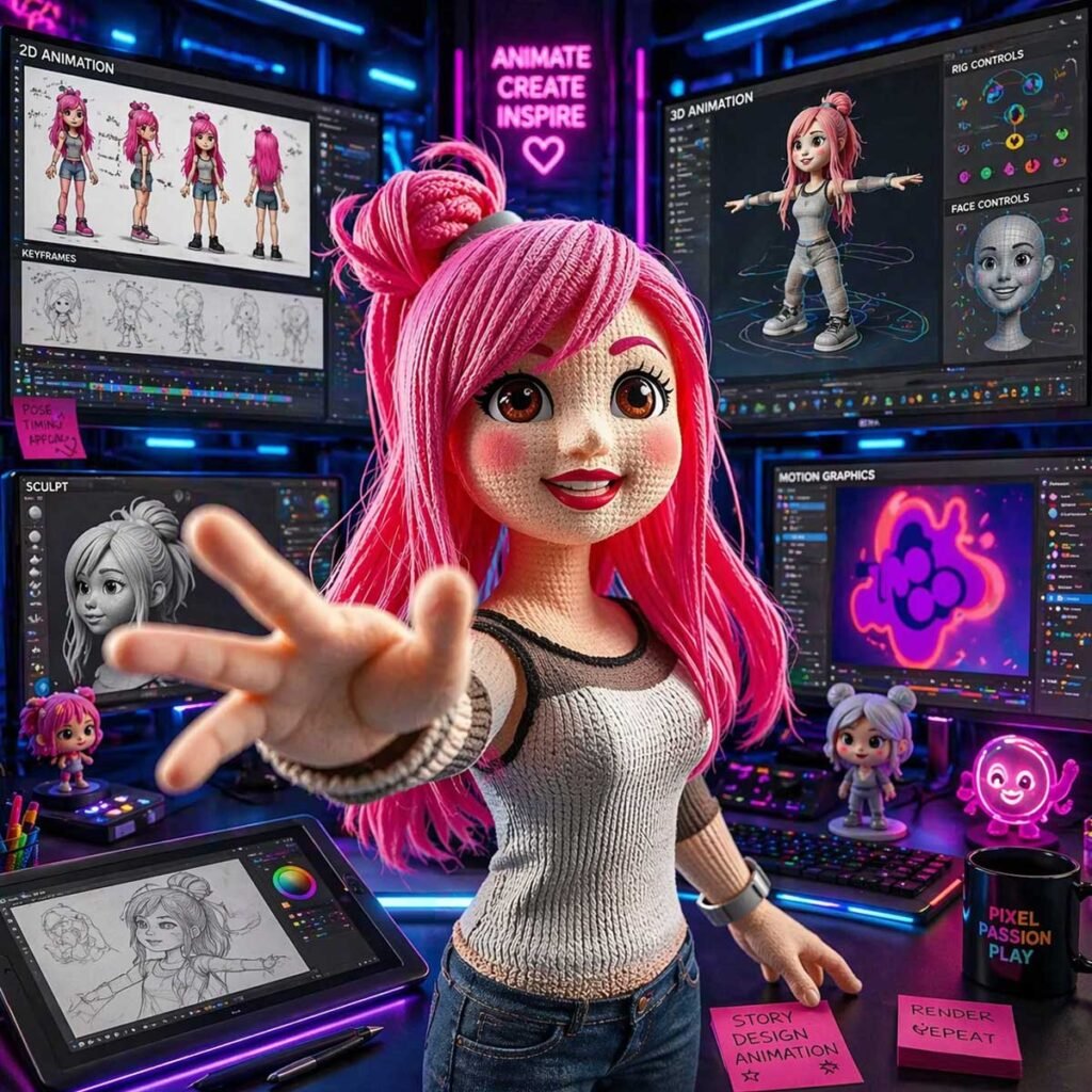 Servicio de animación 2D y 3D con personaje en estudio de diseño, ilustración y producción digital