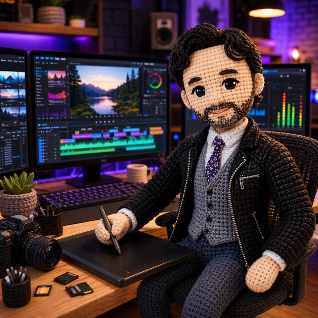 Diseño multimedia y edición de video representados con personaje amigurumi trabajando en estudio creativo digital