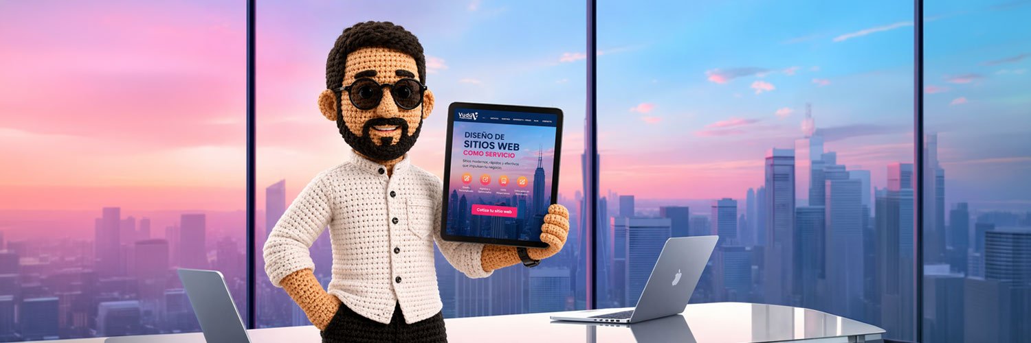 Diseño de sitios web y desarrollo de sitios web en Vudú Publicidad mostrado en tablet por personaje amigurumi en oficina moderna