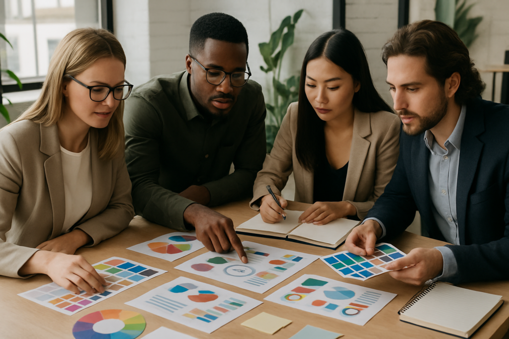 5 errores comunes en Branding Equipo profesional revisando estrategia de branding en una mesa con materiales creativos en una oficina moderna.