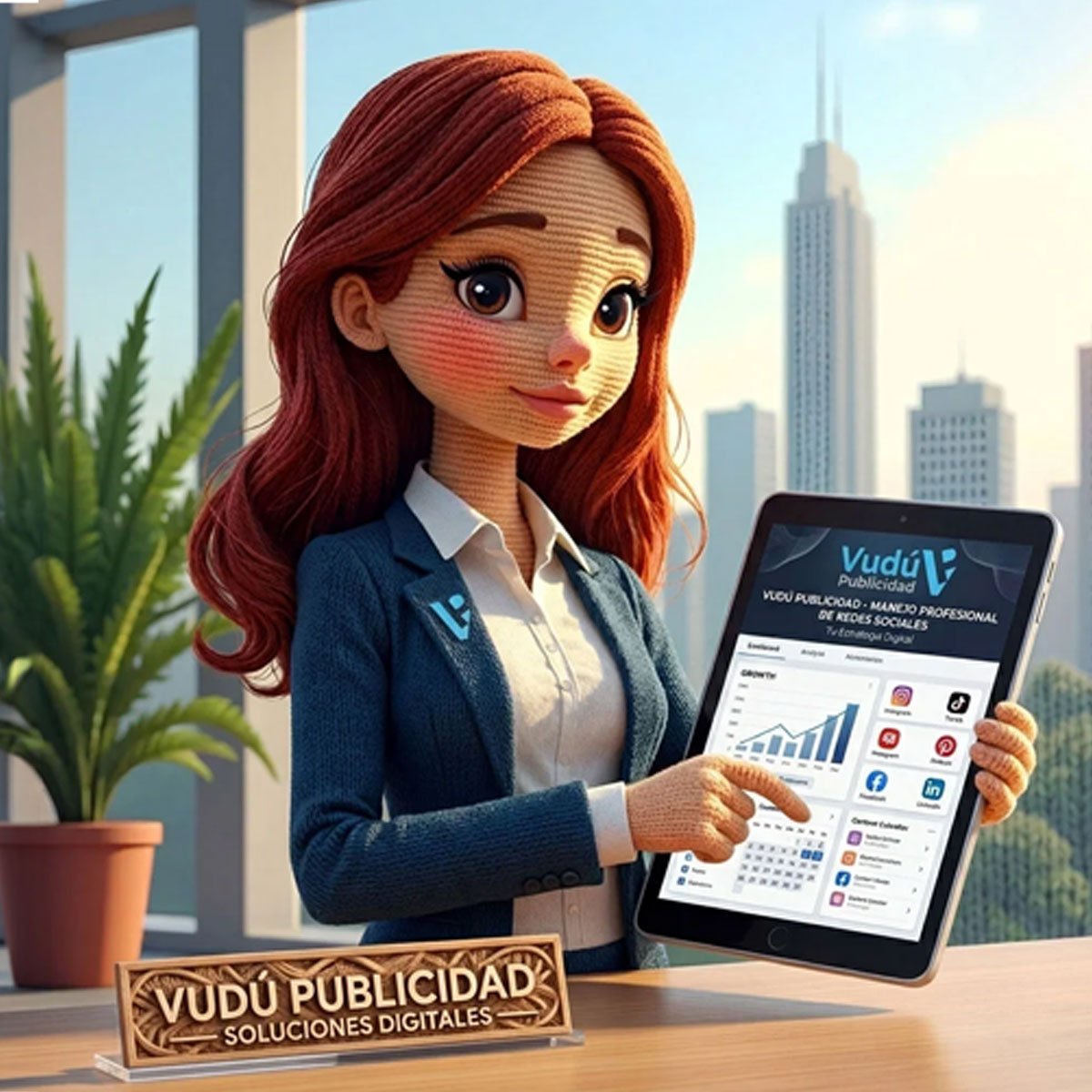 Muñeca estilo amigurumi de Vudú Publicidad sosteniendo una tablet con servicios de manejo de redes sociales y marketing digital profesional.
