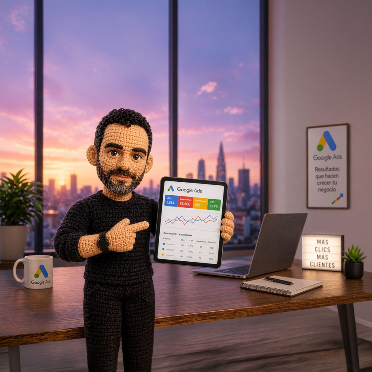 Amigurumi de hombre mostrando panel de Google Ads en tablet como representación de servicio de publicidad digital de manejo de google ads