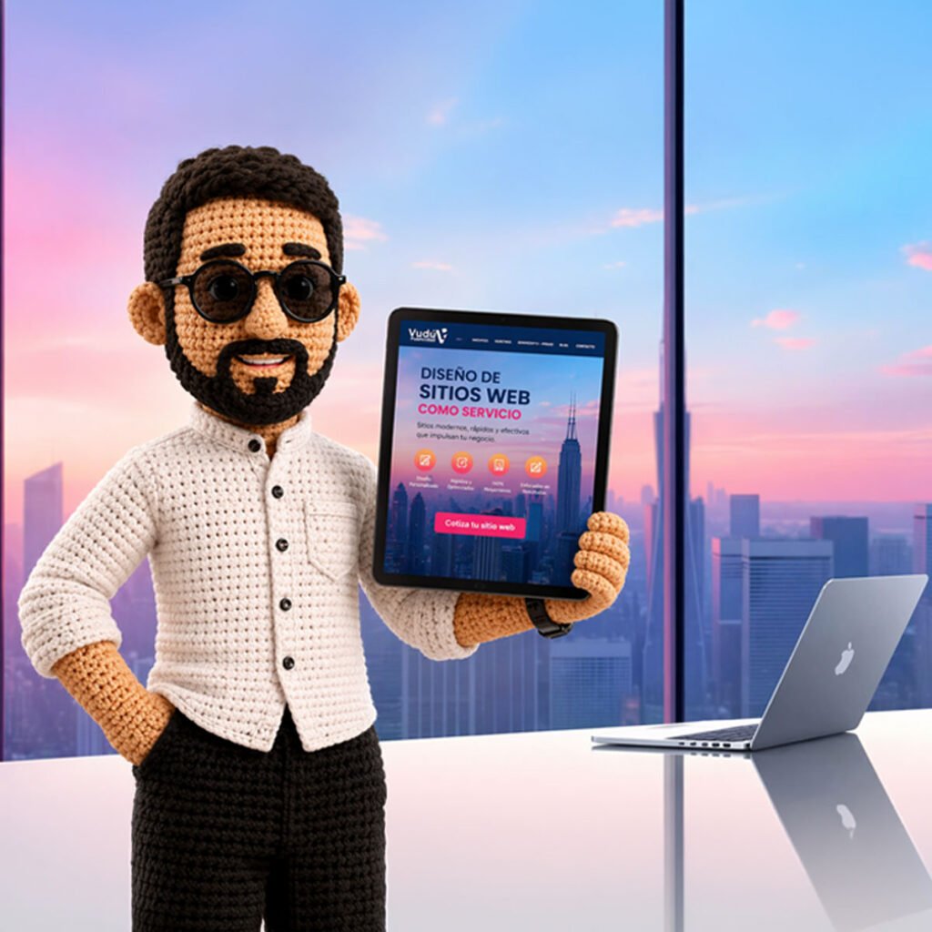 Diseño de sitios web y desarrollo de sitios web en Vudú Publicidad mostrado en tablet por personaje amigurumi en oficina moderna