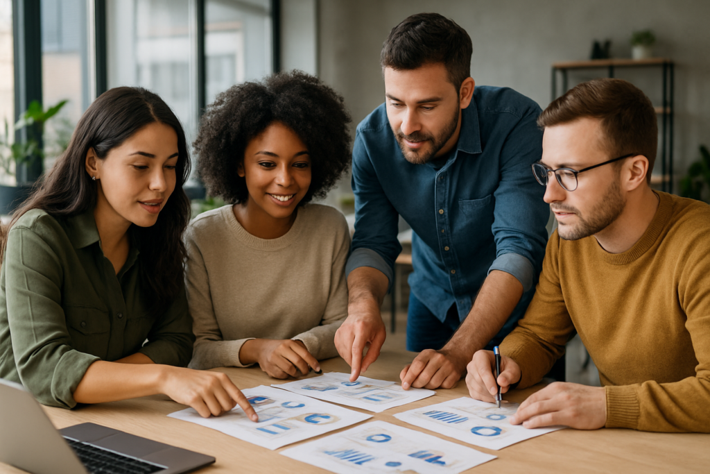 Marketing digital para 2026: Equipo de una PyME analizando estrategias de marketing digital en una oficina moderna.