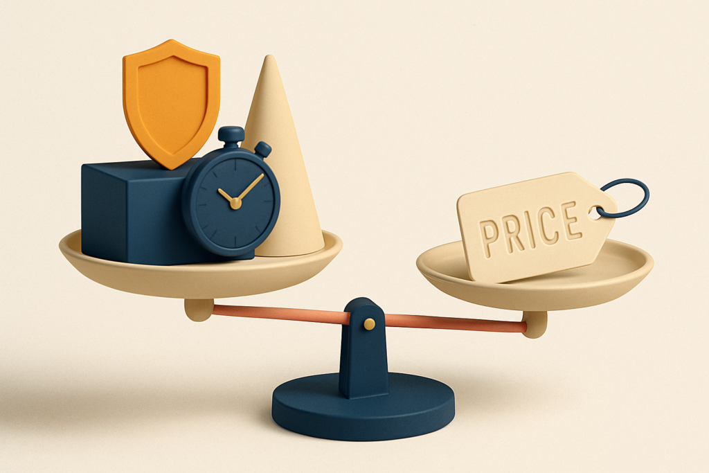 Composición editorial de una balanza conceptual donde el valor del negocio pesa más que el precio