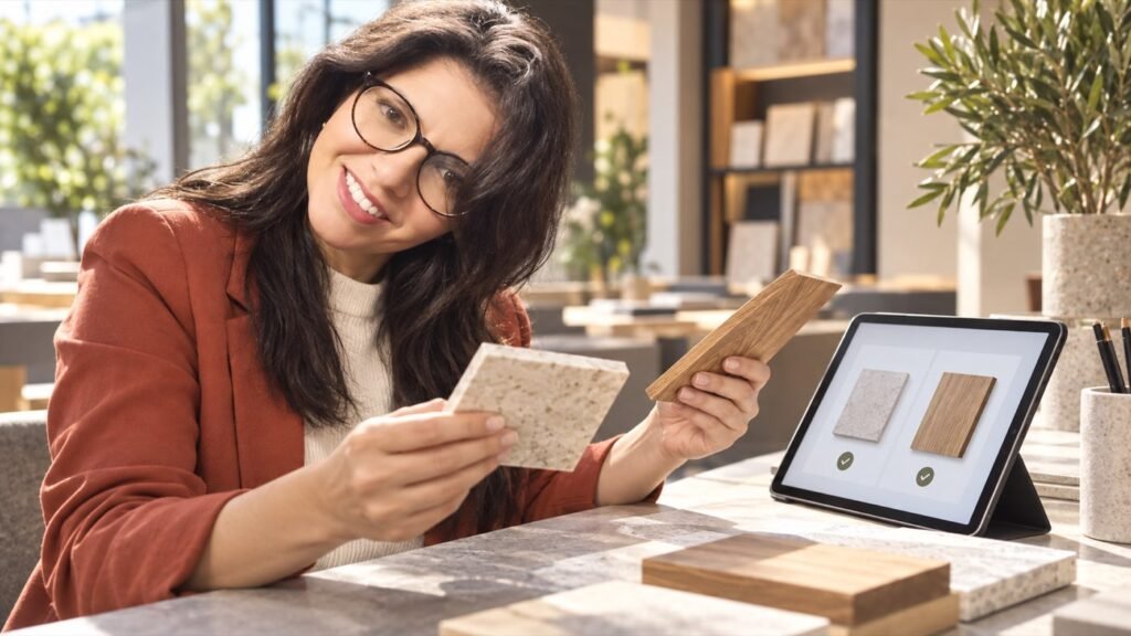 Agente de compra: Anita compara muestras y opciones de productos en una tableta