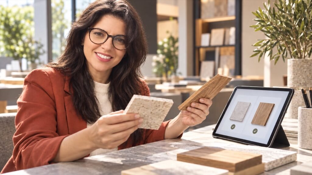Agente de compra: Anita compara muestras y opciones de productos en una tableta
