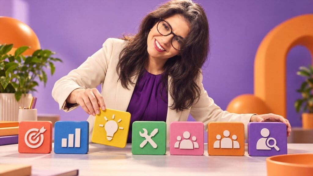 Qué habilidades necesita un equipo de marketing en la era de la IA Vudú Publicidad Anita organiza siete habilidades de marketing con IA representadas en piezas de colores