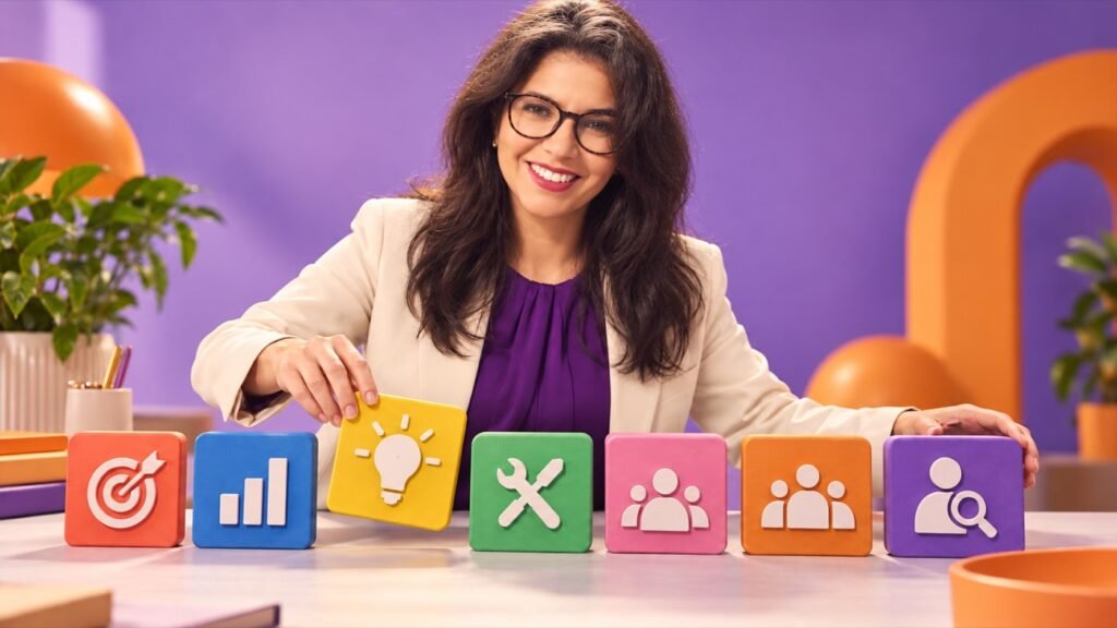 Qué habilidades necesita un equipo de marketing en la era de la IA Vudú Publicidad Anita organiza siete habilidades de marketing con IA representadas en piezas de colores