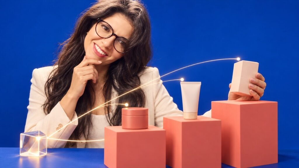 Cómo la inteligencia artificial cambiará las decisiones de compra Vudú Publicidad Decisiones de compra con IA: Anita compara tres productos en una composición conceptual