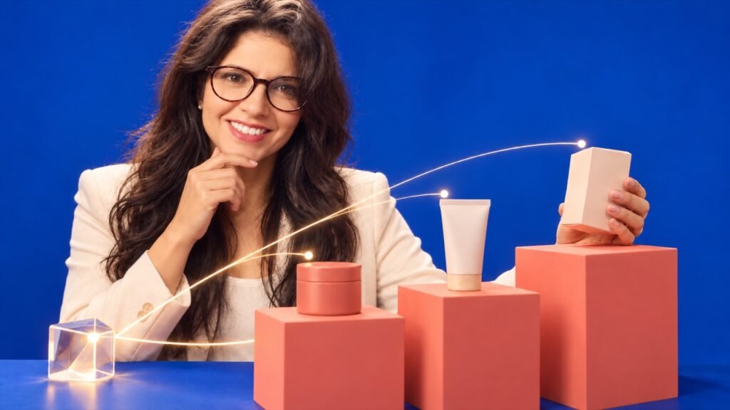 Cómo la inteligencia artificial cambiará las decisiones de compra Vudú Publicidad Decisiones de compra con IA: Anita compara tres productos en una composición conceptual