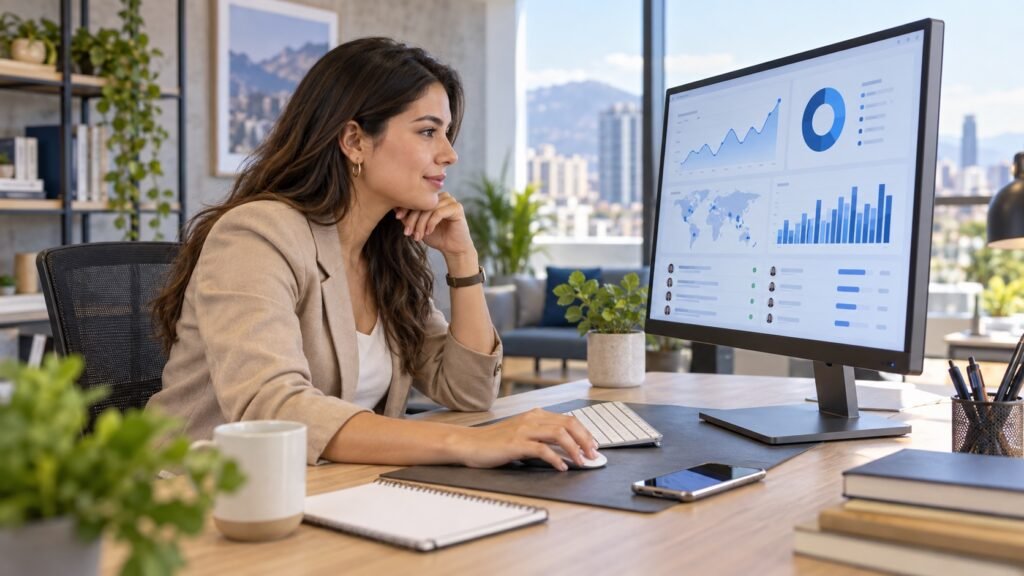 Marketing en tiempo real: analista revisando señales del consumidor en un panel de datos