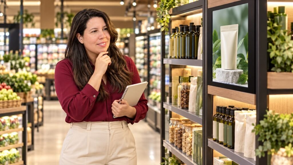Retail media: Jhey observa publicidad digital junto a productos en un supermercado