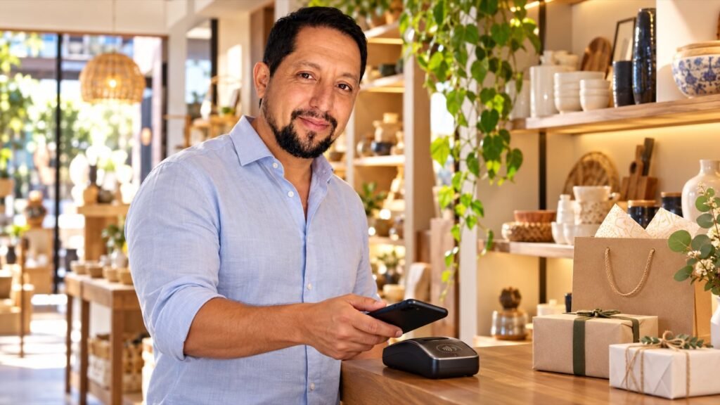 Luis realiza una compra con pago digital para representar Bre-B en el comercio colombiano