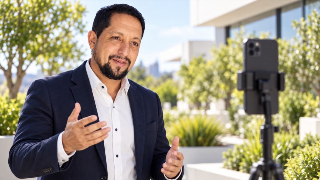Luis representa a los gerentes frente a la cámara mientras graba un mensaje empresarial