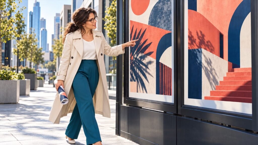 Anita revisa una campaña urbana de Hispanic Marketing en un soporte publicitario