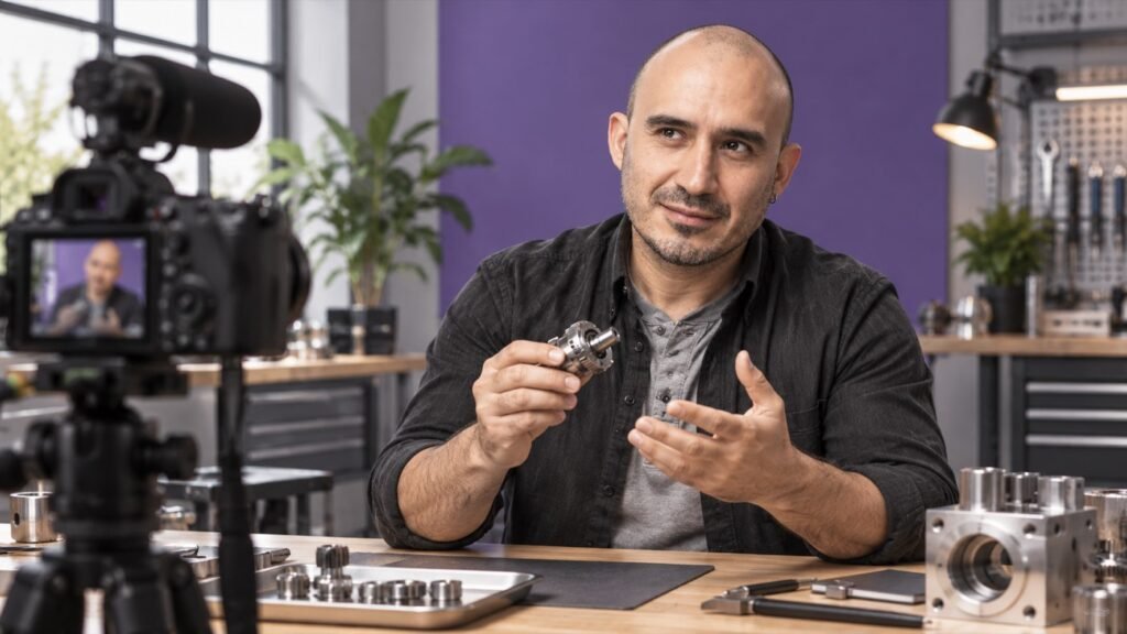 Video B2B: cómo convertir conocimiento técnico en contenido atractivo Vudú Publicidad Jack explica una pieza industrial durante la grabación de un video B2B